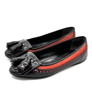 Burberry Brown Shiny Leather Orange Suede Brogue Tassel Ballet Flats
